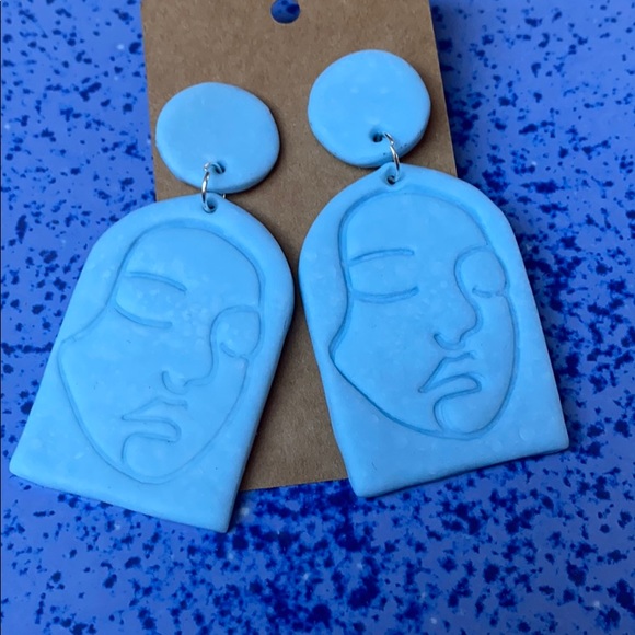 Handmade Abstract Woman’s Face Clay Earrings-Blue - Picture 11 of 11